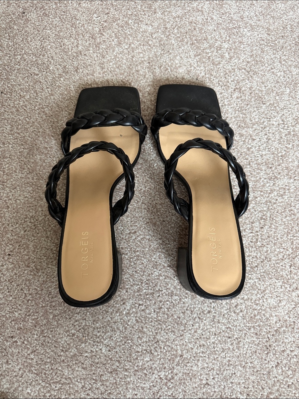 Torgeis NY Black Braided Double-Strap Square-Toe Slide Mules